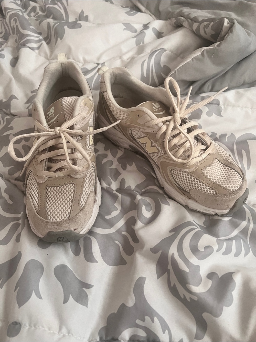 New Balance Beige and White Mesh Athletic Sneakers - Picture 2 of 3